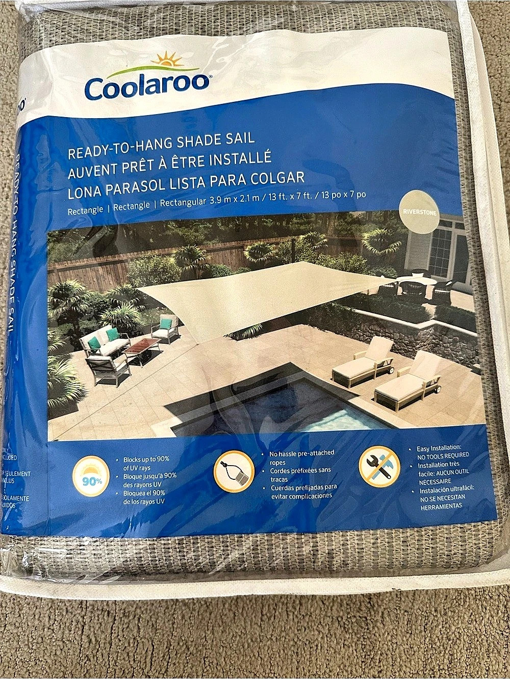 Brand New Never Used Coolaroo Ready-to-Hang Rectangle Shade Sail 13 ft x 7 ft Be